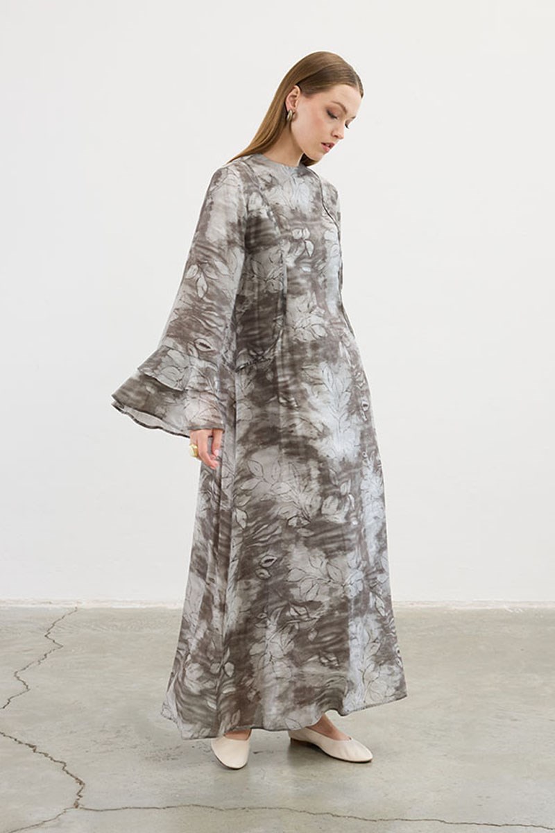 Desenli Volanlı Elbise Gri