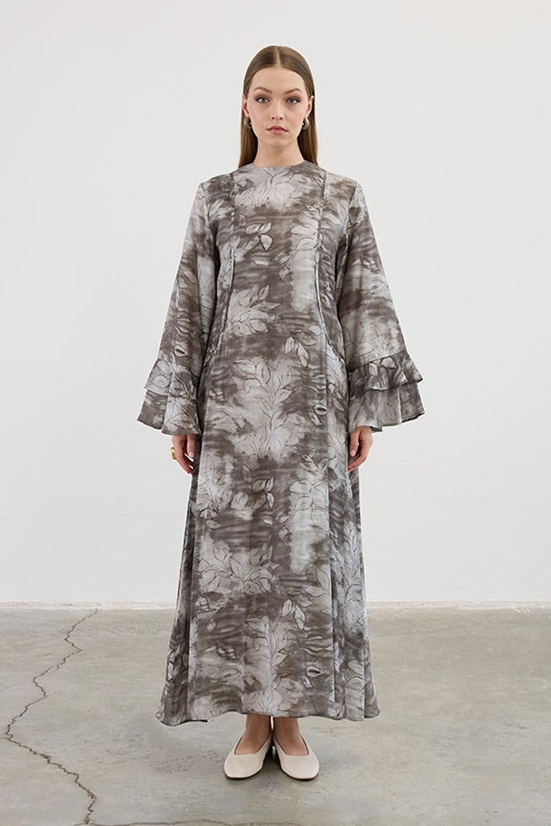 Desenli Volanlı Elbise Gri