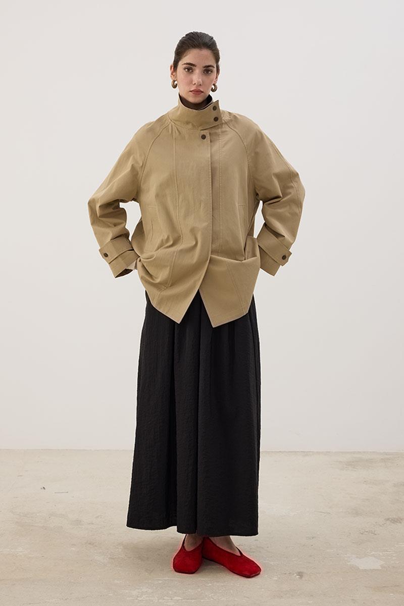 Dik Yakalı %100 Pamuk Ceket Camel