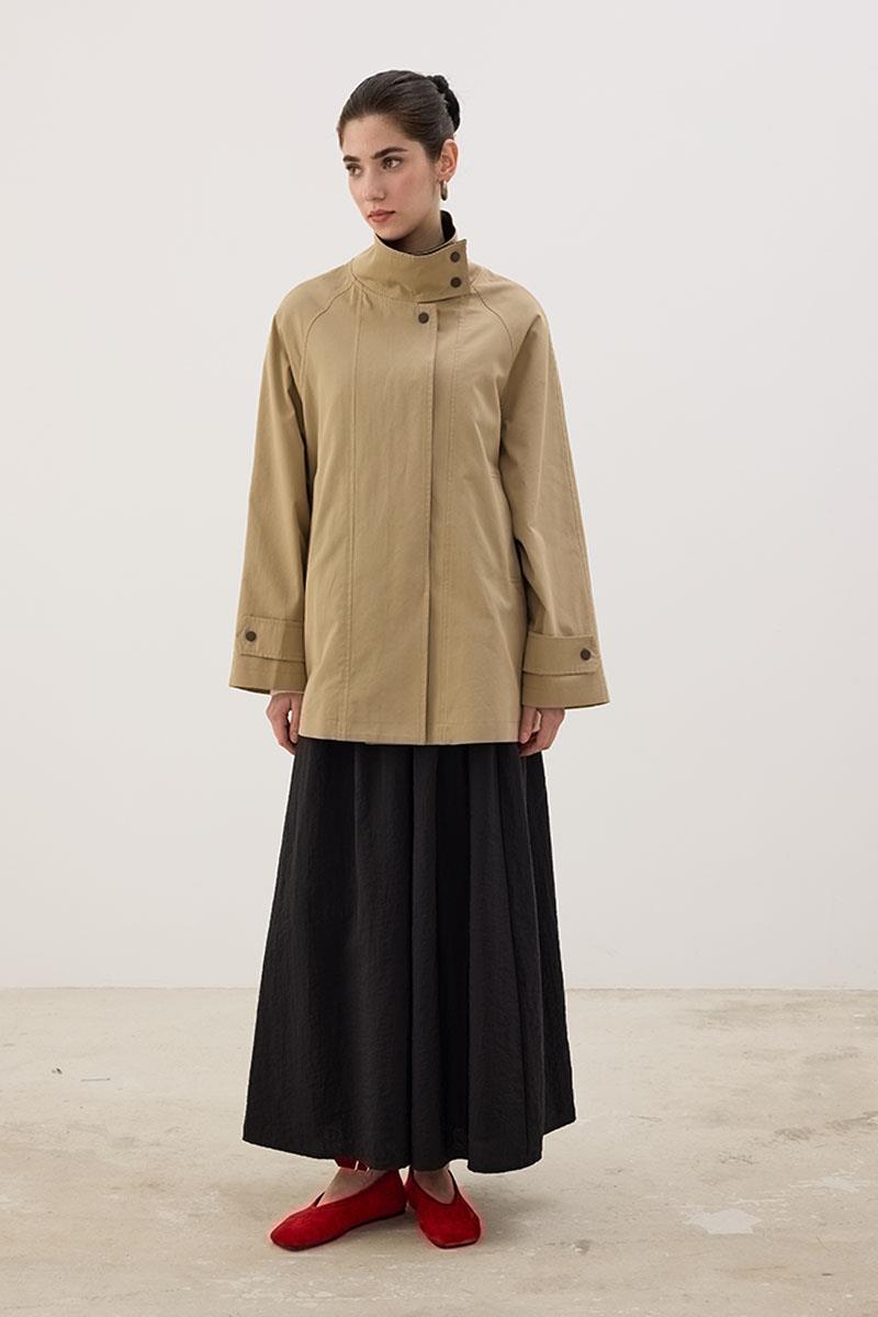 Dik Yakalı %100 Pamuk Ceket Camel