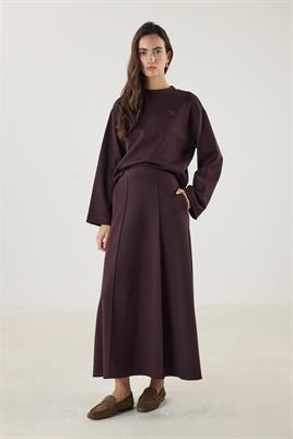 Dikiş Detaylı Çan Kesim Etek Acı kahve