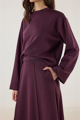 Dikiş Detaylı Çan Kesim Etek Bordo