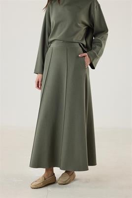 Dikiş Detaylı Çan Kesim Etek Haki