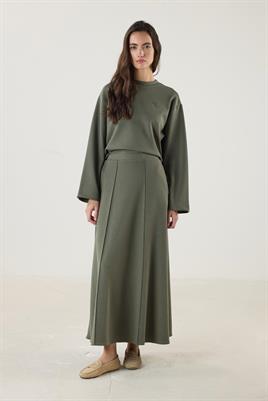 Dikiş Detaylı Çan Kesim Etek Haki