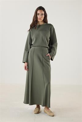 Dikiş Detaylı Çan Kesim Etek Haki