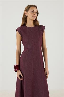 Dikiş Detaylı Kot Jile Elbise Bordo