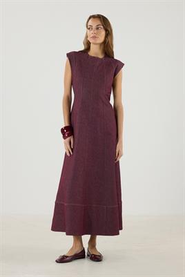 Dikiş Detaylı Kot Jile Elbise Bordo