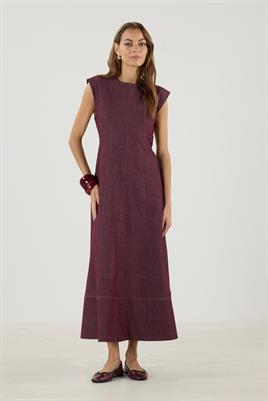 Dikiş Detaylı Kot Jile Elbise Bordo