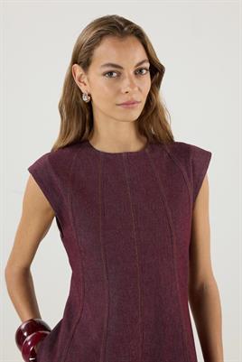 Dikiş Detaylı Kot Jile Elbise Bordo