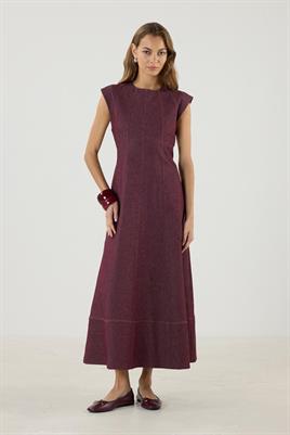 Dikiş Detaylı Kot Jile Elbise Bordo