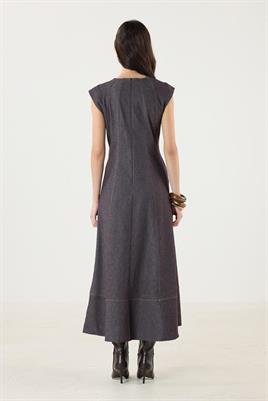 Dikiş Detaylı Kot Jile Elbise Kahverengi