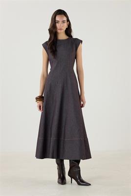 Dikiş Detaylı Kot Jile Elbise Kahverengi