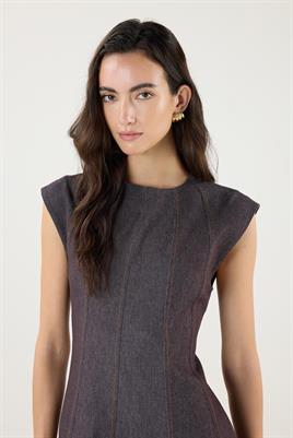 Dikiş Detaylı Kot Jile Elbise Kahverengi