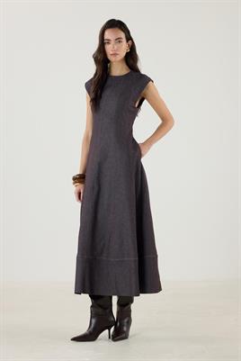 Dikiş Detaylı Kot Jile Elbise Kahverengi