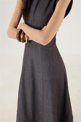 Dikiş Detaylı Kot Jile Elbise Kahverengi