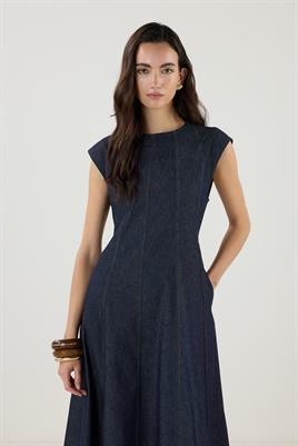 Dikiş Detaylı Kot Jile Elbise Lacivert