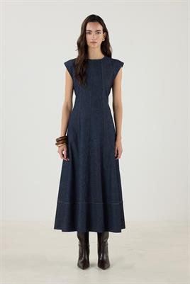 Dikiş Detaylı Kot Jile Elbise Lacivert