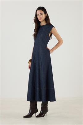 Dikiş Detaylı Kot Jile Elbise Lacivert