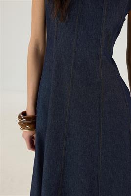 Dikiş Detaylı Kot Jile Elbise Lacivert