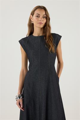 Dikiş Detaylı Kot Jile Elbise Siyah