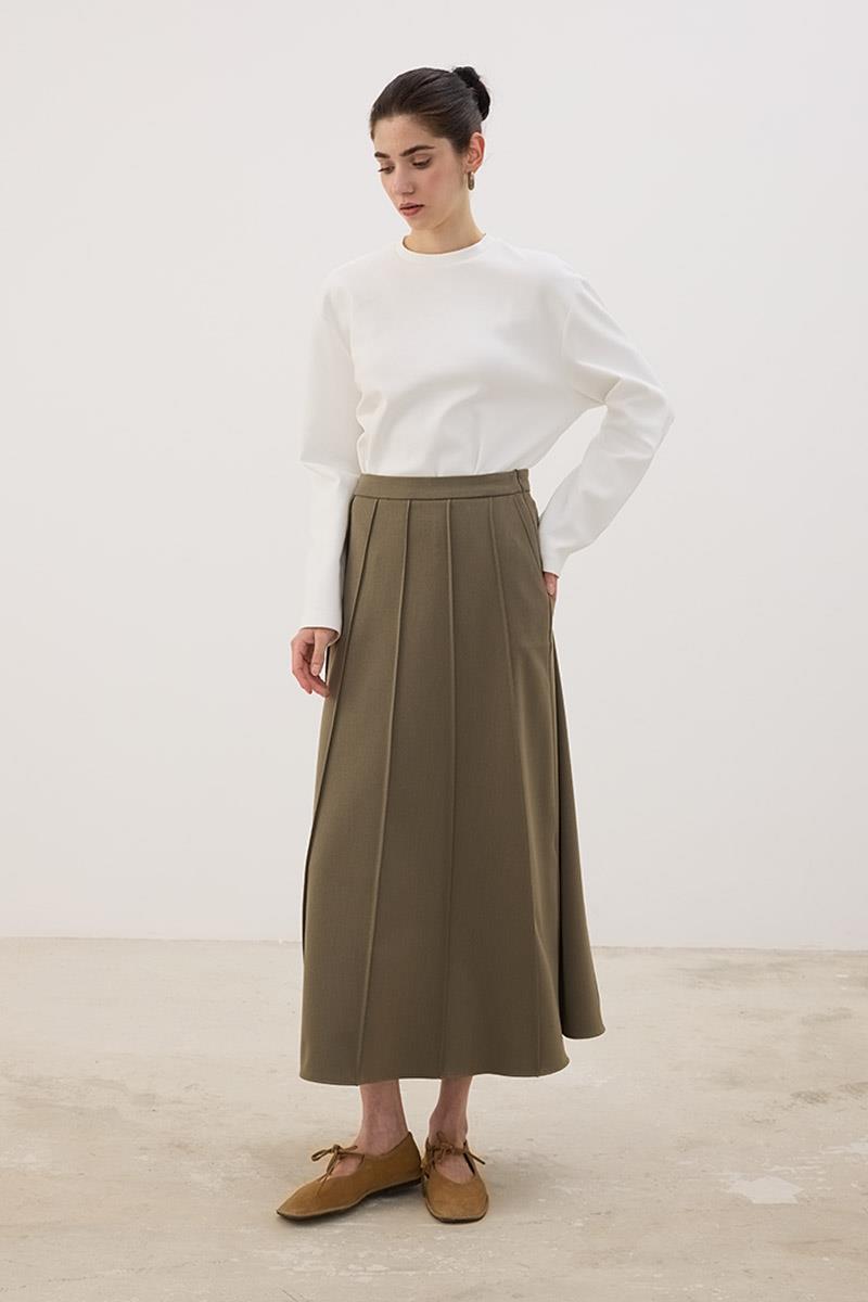 Dikişli Gabardin Etek Haki