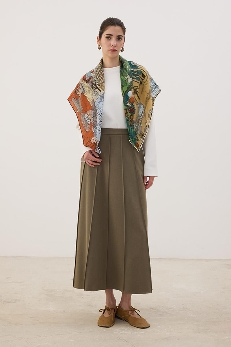 Dikişli Gabardin Etek Haki