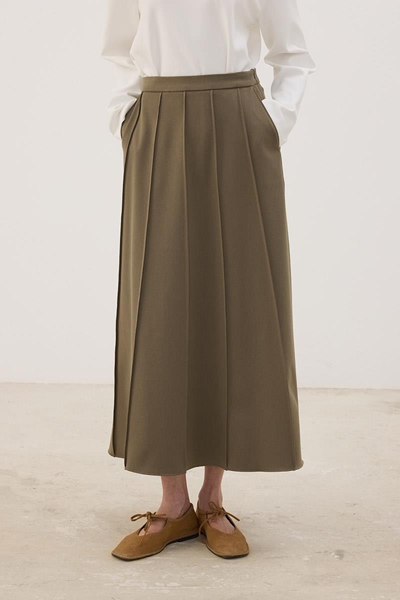 Dikişli Gabardin Etek Haki