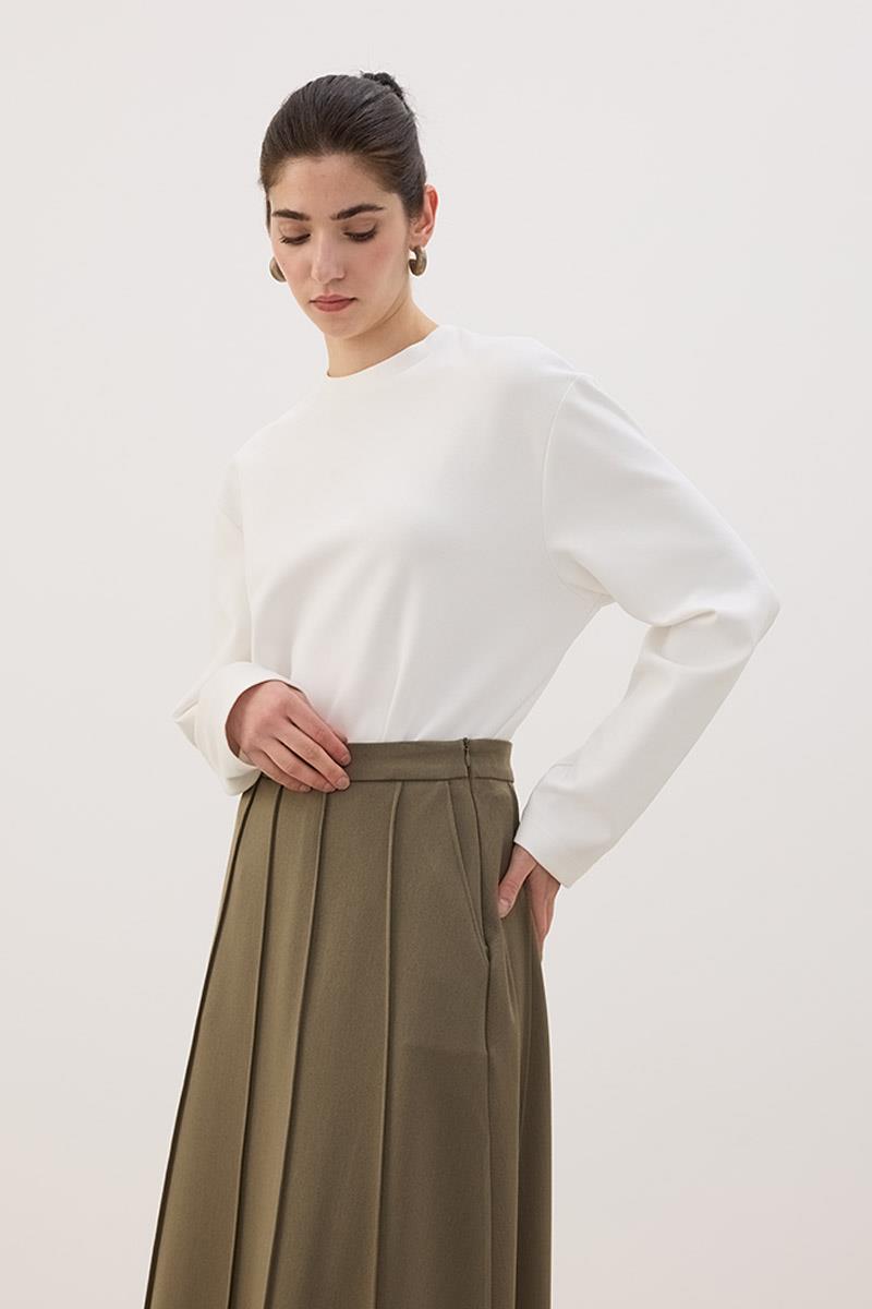 Dikişli Gabardin Etek Haki