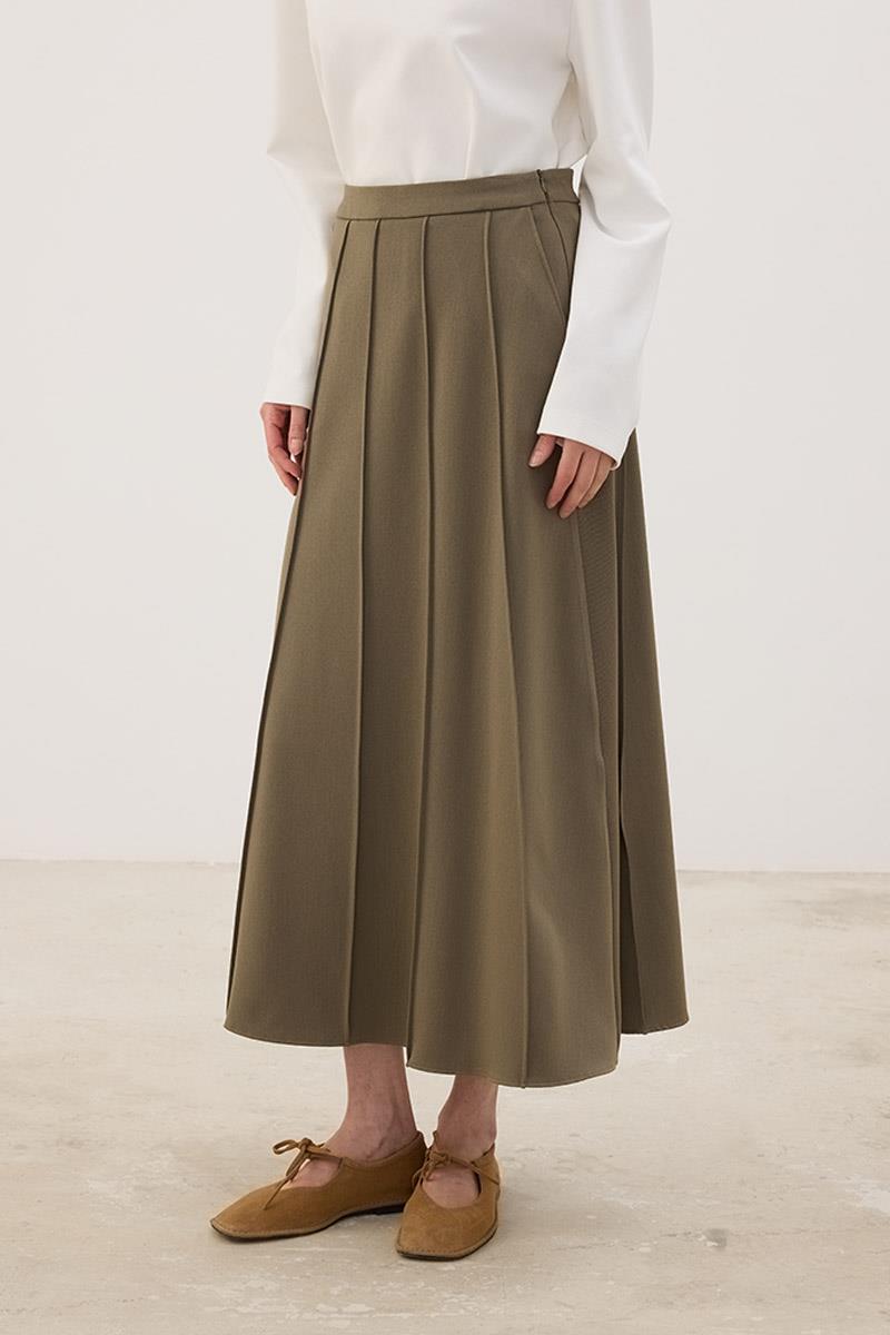 Dikişli Gabardin Etek Haki