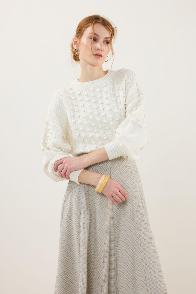 Dökümlü Ekoseli Etek Bej