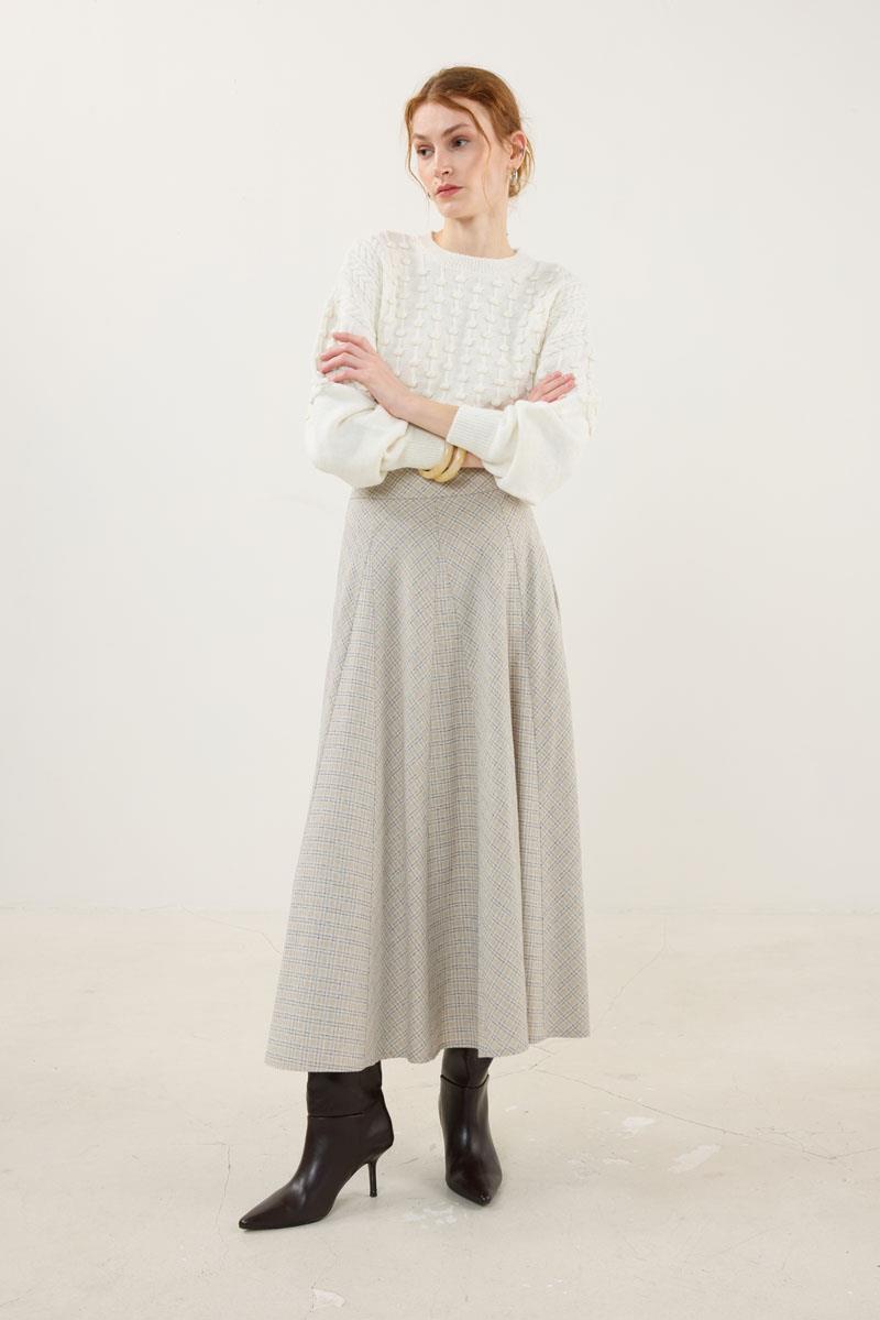 Dökümlü Ekoseli Etek Bej