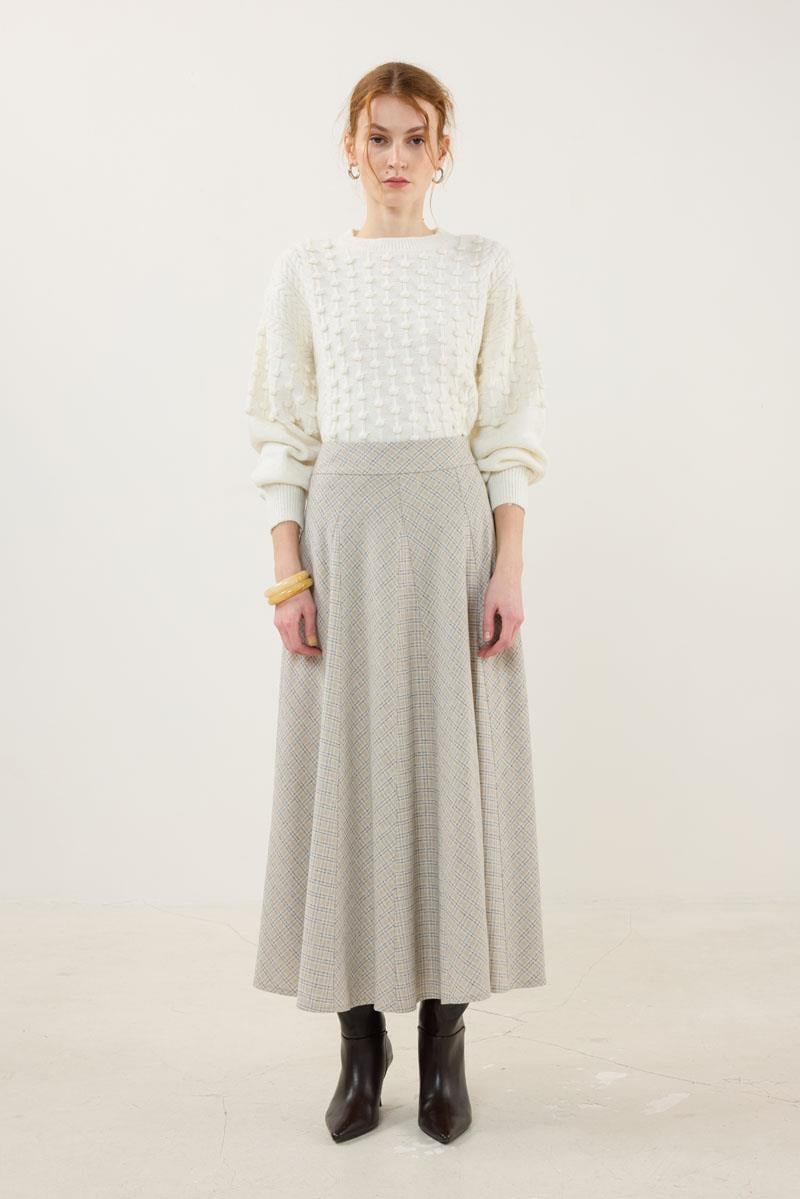 Dökümlü Ekoseli Etek Bej