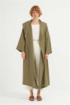 Dökümlü Ham Keten Kaftan Haki