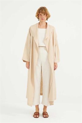 Dökümlü Ham Keten Kaftan Krem