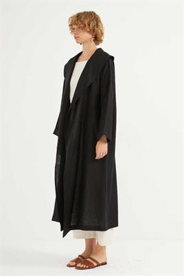 Dökümlü Ham Keten Kaftan Siyah