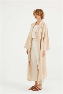Dökümlü Ham Keten Kaftan Krem