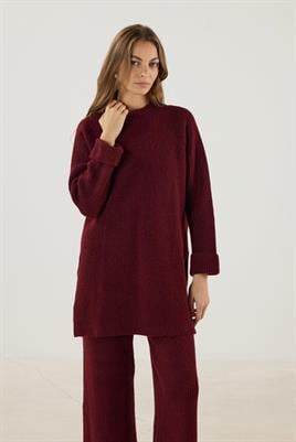 Duble Kollu Kalın Örme Triko Kazak Bordo