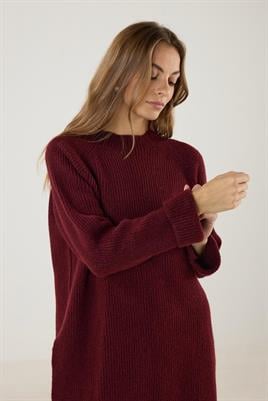 Duble Kollu Kalın Örme Triko Kazak Bordo