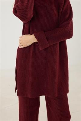 Duble Kollu Kalın Örme Triko Kazak Bordo