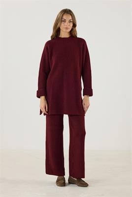 Duble Kollu Kalın Örme Triko Kazak Bordo