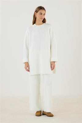 Duble Kollu Kalın Örme Triko Kazak Ekru