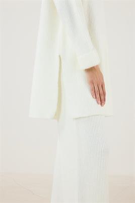 Duble Kollu Kalın Örme Triko Kazak Ekru