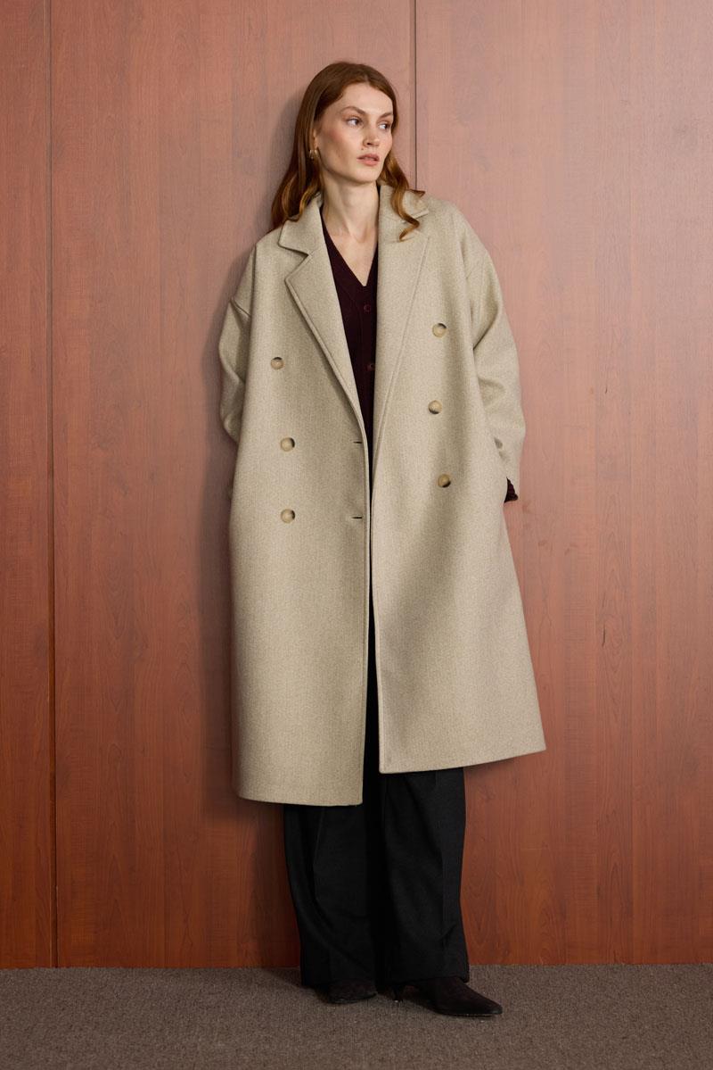 Düğmeli Kruvaze Kaban Bej