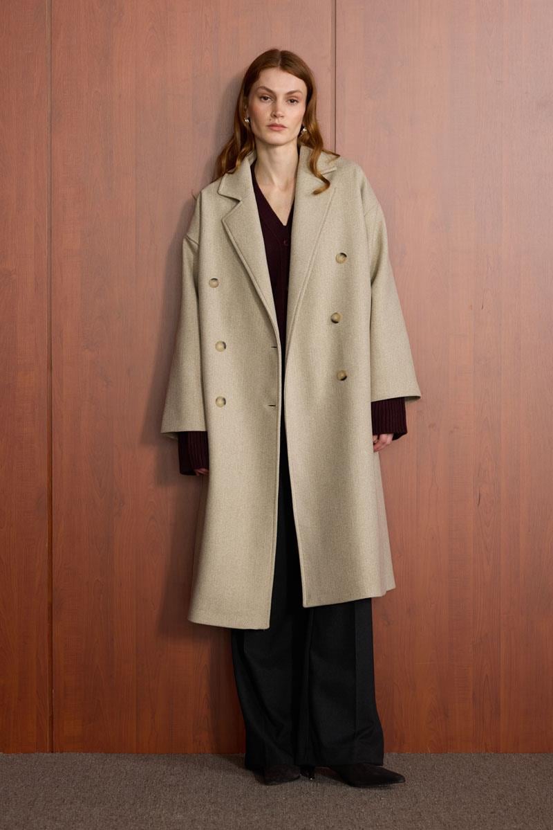 Düğmeli Kruvaze Kaban Bej