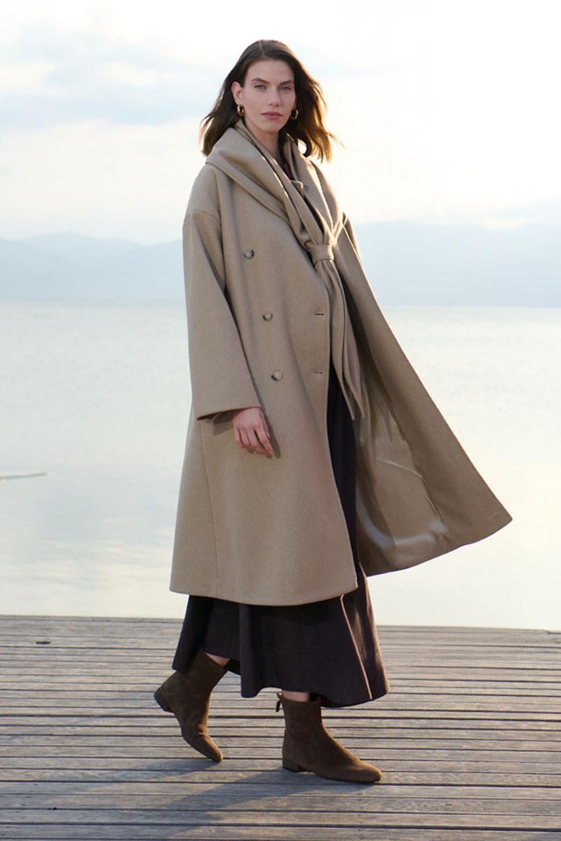 Düğmeli Kruvaze Kaban Camel