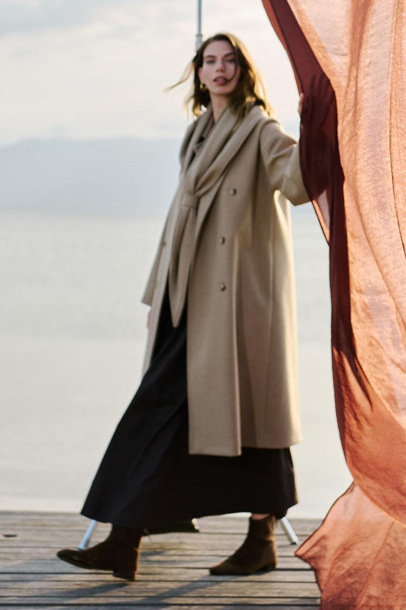 Düğmeli Kruvaze Kaban Camel