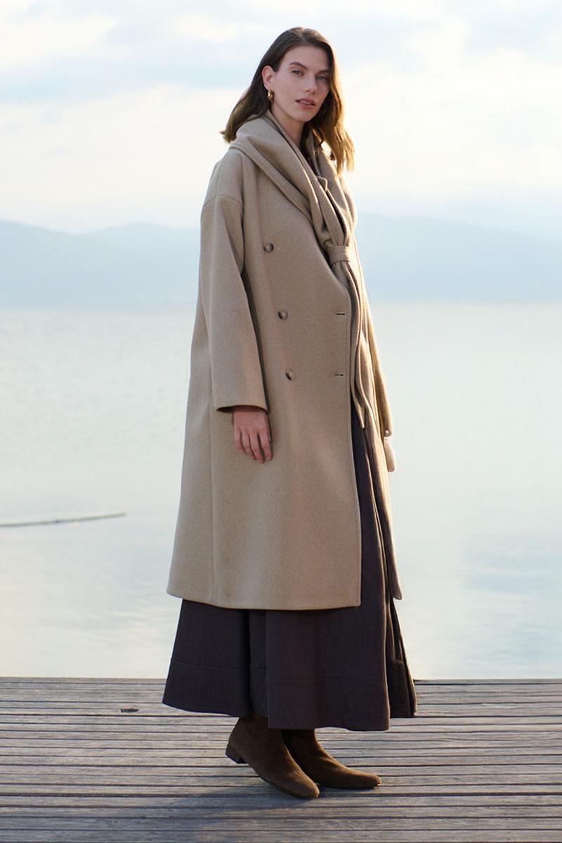 Düğmeli Kruvaze Kaban Camel