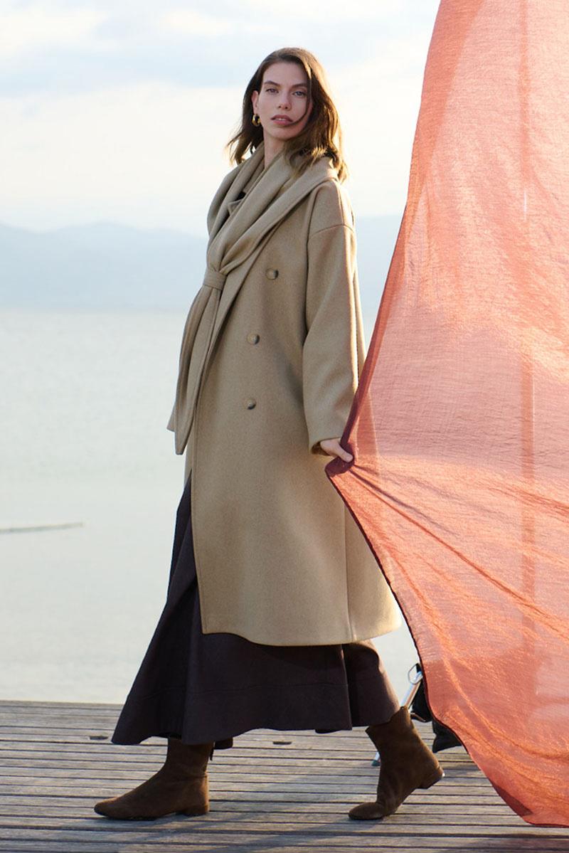 Düğmeli Kruvaze Kaban Camel