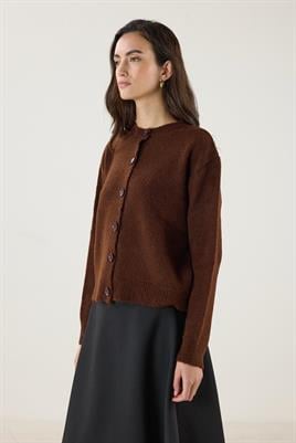 Düğmeli Örme Triko Kısa Hırka Acı kahve