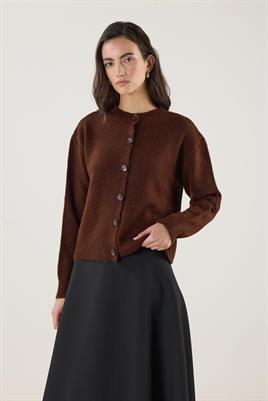 Düğmeli Örme Triko Kısa Hırka Acı kahve